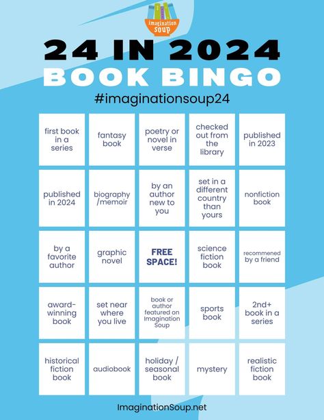 Imagination Soup's 24 in ‘24 Reading Challenge Book Bingo for Adults - Imagination Soup Reading Bingo Adults, Book Challenge Template, Tbr Prompts, Book Bingo Challenge, Reading Bingo Challenge, Reading Prompts, Book Bingo, November Reading, Bingo Books