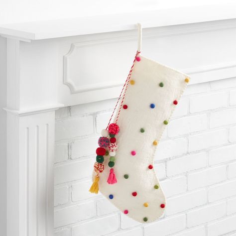 White Polka Dot Felted Wool Christmas Stocking - World Market Stockings Diy, White Christmas Stockings, Yarn Balls, Christmas Stockings Diy, Stockings Christmas, Stocking Tree, Xmas Stockings, Boho Christmas, By The Fireplace