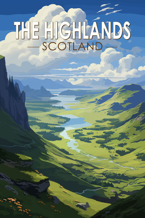 Artistic retro-style poster of the Scottish Highlands, showcasing the serene landscapes and vibrant colors typical of vintage travel art. Vintage Travel Posters Scotland, Scotland Poster Vintage, Easdale Island, Retro Art Style, Scotland Poster, Scotland Art, Scotland Landscape, Tourism Poster, Travel Poster Design