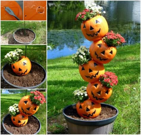 Take your tipsy pot garden to a new level with this cute halloween tipsy pot idea, instead of using clay pots, drill holes in plastic pumpkins and fill them with fall mums. Halloween Decor Diy, Pumpkin Planter, Fall Mums, Image Halloween, Labu Halloween, Plastic Pumpkins, Diy Halloween Decor, Pumpkin Flower, Fall Deco