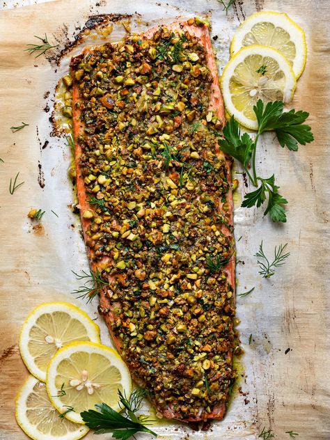 Pistachio Pesto Salmon, Pistachio Crusted Salmon Air Fryer, Pistachio Crusted Tilapia, Salmon With Pistachio, Pistachio Salmon Baked, Pistachio Encrusted Salmon Recipe, Savory Pistachio Recipes, Salmon With Pistachio Crust, Pistachio Crusted Salmon Recipes