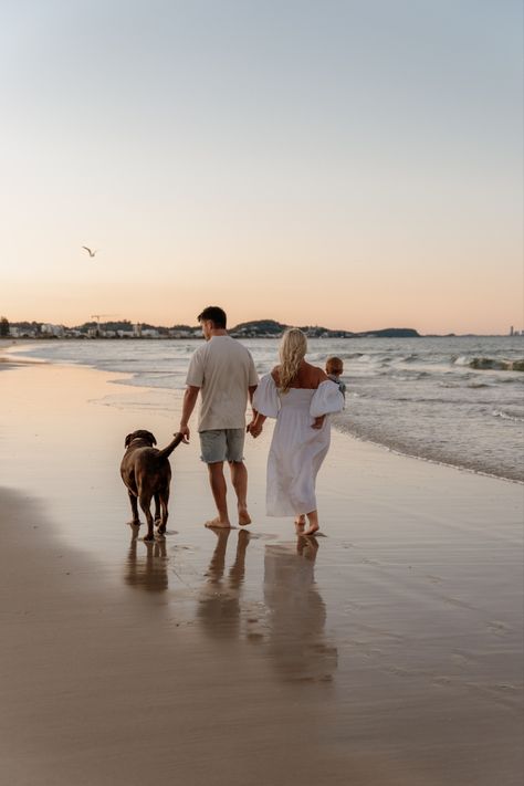 Family of 4 walking on the beach at sunset. 3 humans and 1 dog Beach With Family Aesthetic, Lifestyle Family Beach Session, Beach Family Lifestyle, Aesthetic Family Vacation, Family Beach Pictures Aesthetic, Mom Beach Aesthetic, Family On The Beach Aesthetic, Family Aesthetic Beach, Hawaii Life Aesthetic Family