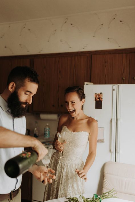 Neighborhood Photoshoot, Home Elopement, Private Ceremony, City Elopement, Private Wedding, Strapless Lace Dress, Relaxed Wedding, Elopement Ceremony, Satin Long Sleeve