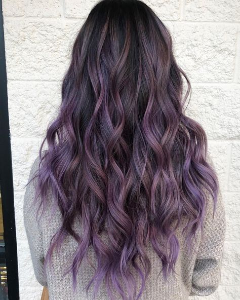 Dark Brown Hair With Purple Lowlights, Chocolate Lilac Hair Color Balayage, Purple Babylights, Light Brown And Purple Hair, Brownish Purple Hair, Light Medium Brown Hair, Purple Brown Hair, Heartless Curls, Lilac Hair Color