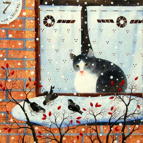 Olga Kvasha - Snow Street Frida Art, Original Paintings For Sale, Image Chat, Wildlife Prints, Garden Print, Cats Illustration, Winter Art, Arte Animal, Art And Illustration