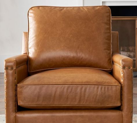 Tyler Leather Square Arm Recliner With Nailheads | Pottery Barn Leather Recliner, Hard Wood, Bath Furniture, Power Recliners, Leather Chair, Club Chairs, Interior Design Services, Recliner Chair, Wood Legs