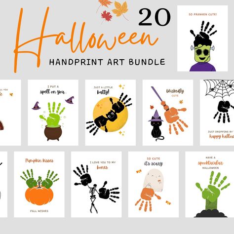 "Halloween Handprint Crafts - 20 designs included! This halloween bundle is perfect for the spooky season! They are going to make the most of halloween and create beautiful memories for years to come! This is perfect for home crafts, school, halloween parties, and more!  **This listing is an instant digital download, no physical product will be shipped** Just order and within a few seconds, you will receive a link to download your template.   🎃 You will receive 🎃   1. 1 High quality PDF File Size (8.5\" x 11\") with 20 designs 2. 1 PDF \"Cheat Sheet\" showing the finished prints so you can see where to put the handprints/footprints! 2. Instant Download - Download, Print, Enjoy!    *PRINTING: For best results,  - Use medium to heavy white cardstock - Colors may vary once printed due to mo Halloween Footprints, Handprint Art Halloween, Halloween Footprint Art, Halloween Handprint Art, Halloween Handprint Crafts, Halloween Handprint, Art For Halloween, Halloween Infantil, Baby Art Projects