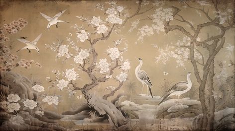 drawing wallpaper of a landscape of birds crane in the middle of the forest in Japanese vintage style Vintage Bird Wallpaper, Huawei Wallpapers, Japanese Crane, Stage Decoration, Neutral Wallpaper, Drawing Wallpaper, Crane Bird, Chinoiserie Wallpaper, Japanese Landscape