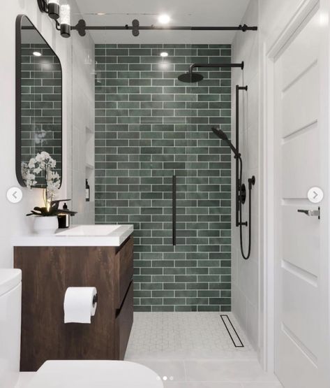 30 Beautiful Small Bathroom Tile Ideas You Will Love Green Tile Small Bathroom Ideas, Tiles On Bathroom Walls, Bathroom 5x8 Ideas, Small Bathroom With Large Tiles, Budget Tile Shower Ideas, Small Ensuite Shower Room Tiles, Bathroom Tiles Small Space, Small Ensuites Narrow, 4 X 8 Bathroom Design