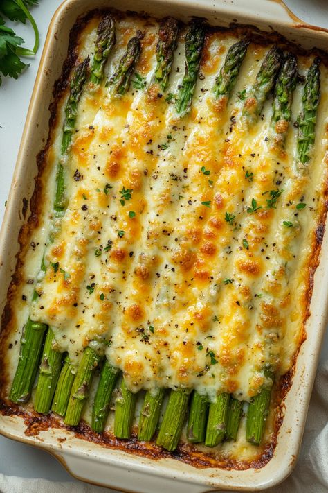 Cheesy Baked Asparagus Baked Veggie Side Dishes, Turkey And Asparagus Recipes, Creamy Asparagus Recipes, Cheese Asparagus Recipes, Cheesy Garlic Roasted Asparagus, Recipes Using Frozen Asparagus, Yummy Asparagus Recipes, Holiday Asparagus Recipes, Christmas Asparagus Side