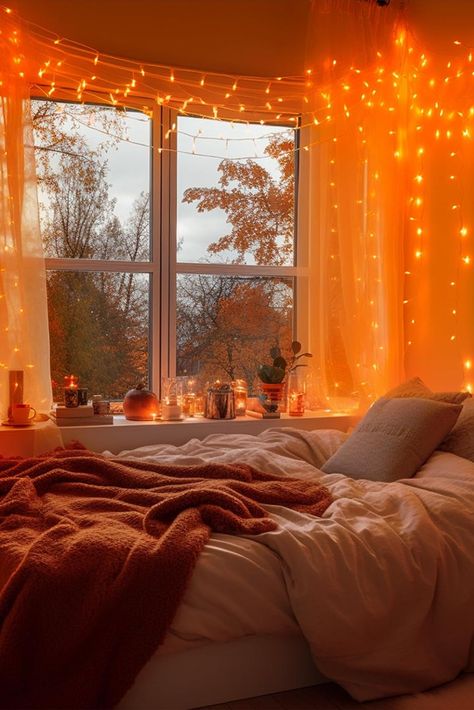 Orange Led Lights Bedroom, Orange Fairy Lights, Light Orange Bedroom, Light Orange Room, Orange Aesthetic Room, Orange Lighting, Orange Light, Orange Room Ideas, Light Orange Aesthetic