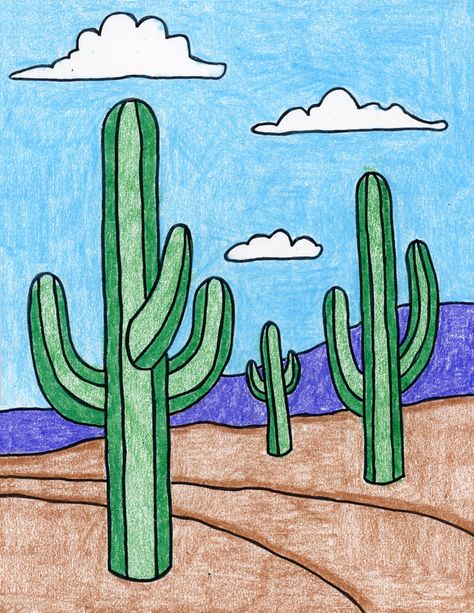 Learn how to draw cactus, and then turn them into a lesson on perspective as well. You’ll end up with a lovely desert landscape. Drawing Cactus, Desert Drawing, Cactus Drawing, Drawing Lessons For Kids, Art Projects For Kids, 3rd Grade Art, Kids Art Class, Easy Drawings For Kids, Cactus Art