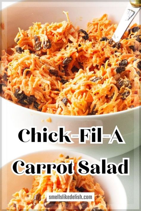 This legendary Chick-fil-A Carrot Salad is back and  better than ever. Shredded carrots dance with juicy pineapple and  raisins, all bathed in a creamy, tangy dressing. It's a refreshingly  sweet and crunchy side that'll steal the show, every single time. Chick Fil A Carrot Raisin Salad Recipe, Carrot Salad Dressing, Shredded Carrot Recipe, Carrot Slaw Recipe, Shredded Carrot Salad, Salad Copycat, Carrot Raisin Salad, Work Recipes, Carrot Salad Recipes