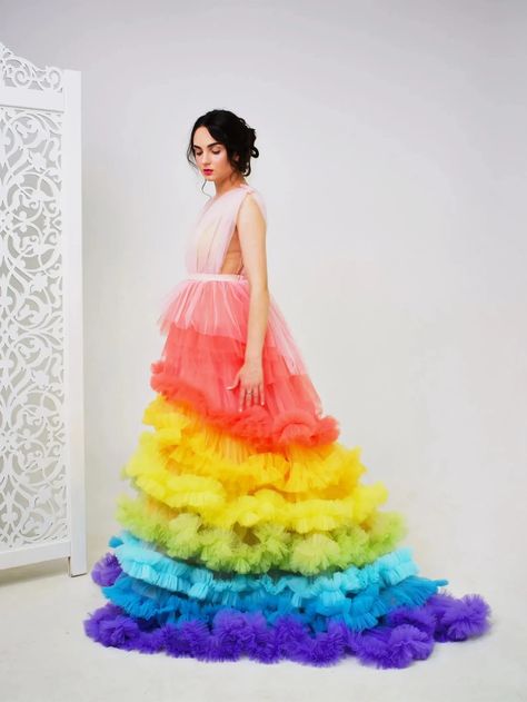 bright ruffle tulle rainbow wedding dress Tulle Rainbow, Pride Dress, Rainbow Wedding Dress, Most Expensive Dress, Embroidered Wedding Gown, Dress For Photoshoot, Short Wedding Gowns, Expensive Dresses, Tail Dress