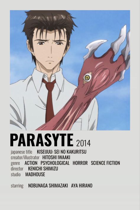 Parasyte Minimalist Poster! Parasyte The Maxim, Film Posters Minimalist, Animes To Watch, Poster Anime, Anime Printables, Anime Watch, Good Anime To Watch, Anime Titles, Anime Recommendations