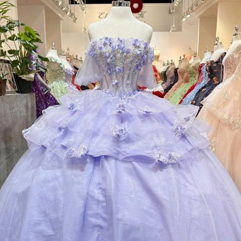 Quinceanera Themes Purple, Lavender Quince Dress, Ballroom Extravaganza, Rapunzel Theme, Lavender Quinceanera, Purple Quinceanera, Purple Quince, Quinceanera Themes Dresses, Off Shoulder Ball Gown