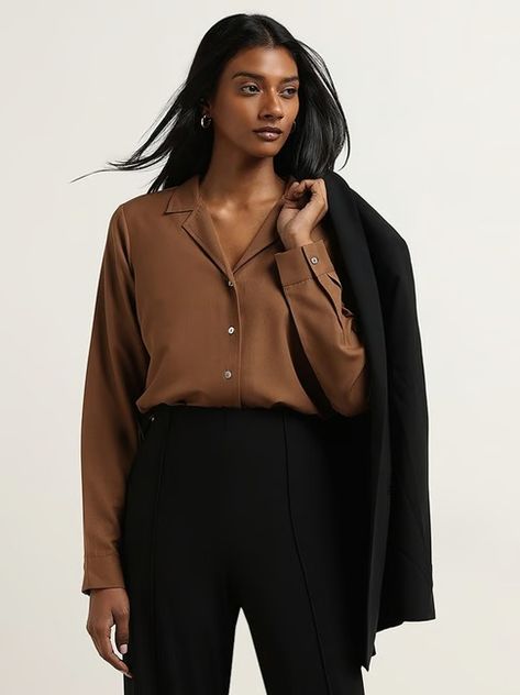 Buy Wardrobe by Westside Dark Brown Solid Shirt for Online @ Tata CLiQ Brown Shirt Outfit Aesthetic, Wardrobe Overhaul, Money Aesthetics, Formal Dresses For Women, Black Suits, Lifestyle Shop, Fashion Lifestyle, Dark Brown, Top Brands