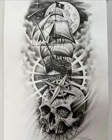 Art || Tatoos on Instagram: “1-6, Which one you prefer? 🖤 ~ Follow @artblackwhte Follow @artblackwhte ~ Credits: @slickphillips_art ~ #art #artist #artworld #artwork…” Kurt Tattoo, Ship Tattoo Sleeves, Nautical Sleeve, Pirate Skull Tattoos, Pirate Ship Tattoos, Nautical Tattoo Sleeve, Pirate Ship Tattoo, Tattoos For Moms, Boat Tattoo