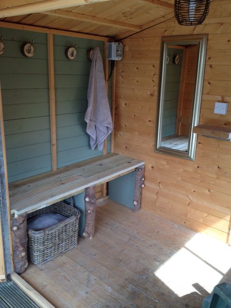 Hot tub changing room!! Mainly up cycled decking, logs and an old basket! With a bit of hard work a storage shed has been transformed into log cabin changing room!! Pool Shed Change Room, Pool Shed Bathroom Ideas, Hot Tub Changing Area, Pool Shed Ideas Changing Room, Hot Tub Changing Room, Outdoor Pool Changing Room Ideas, Outdoor Change Room, Hot Tub Shed Ideas, Pool Change Room Ideas