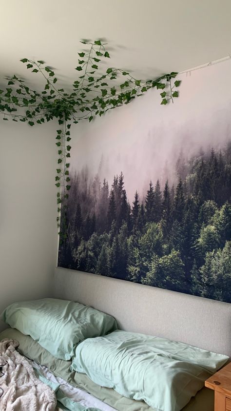 fake ivy ideas, sage room, nature aesthetic, green, tapestry, woods tapestry, shien woods tapestry, fake ivy above bed, fake ivy, ivy wall Fake Ivy Bedroom, Green Tapestry Bedroom, Fake Leaves Wall Decor Bedroom Ideas, Leaf Room Aesthetic, Greenery Wall Bedroom, Fake Leaf Wall Decor, Leafs On Wall Bedroom, Ivy Bedroom Ideas, Hanging Ivy Bedroom