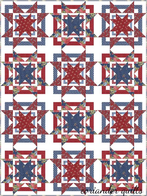 Anthem Quilt Pattern, Ribbon Quilt Pattern Free, Patriotic Quilts Patterns Free, Qov Quilts, American Quilts Patterns, Coriander Quilts, Americana Quilts, Blue Quilt Patterns, Quilt Stars