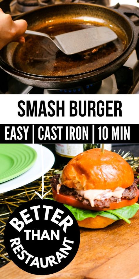 Whether you are new to the world of cast iron, or an avid fanatic, smash burgers are a great recipe to test out your cast iron skillet!   These all beef paties are full of flavor with none of the fillers that you find in restaurant burgers. Just wait until you try one!!   #burger #smashburger #castiron #castironskillet #castironrecipe Cast Iron Hamburger Recipes, Burgers On Skillet, Smash Burger Recipe Skillet, Cast Iron Smash Burger, Smash Burger Recipe Cast Iron, Smash Burgers In Cast Iron Skillet, Cast Iron Hamburgers, Smash Burger In Cast Iron, Burger In Cast Iron Skillet