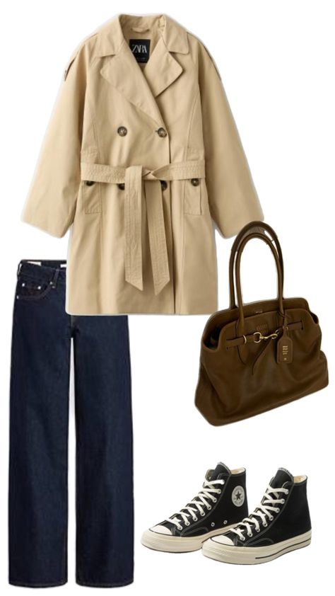 beige trench coat dark wash jeans black converse brown miu miu bag Brown Bag Outfit, Converse Brown, Beige Trench Coat, Miu Miu Bag, Black Converse, Brown Bag, Dark Wash Jeans, Wash Jeans, Jeans Black