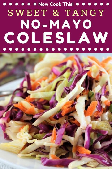 This easy homemade Sweet and Tangy No-Mayo Coleslaw is made with a vinegar-based dressing and is a super delicious change-up to traditional coleslaw. It's great as a side dish or piled on pulled pork sandwiches or tacos. Get the recipe and give it a try! #nomayocoleslaw #vinegarslaw #coleslaw #slaw Pulled Pork Coleslaw Recipe, Slaw For Pulled Pork, Pulled Pork Coleslaw, Tangy Coleslaw Recipe, Pulled Pork Slaw, Slaw For Tacos, Coleslaw For Pulled Pork, No Mayo Coleslaw, Coleslaw Recipe Easy