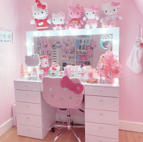 Hello Kitty Room Aesthetic, Hello Kitty Chair, Hello Kitty Vanity, Hello Kitty Room Decor, Hello Kitty Bedroom, Girly Room Decor, My Vanity, Hello Kitty House, Hello Kitty Rooms