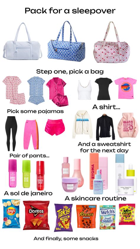 Pack for a sleepover Pack For A Sleepover, Sleepover Packing List, High School Essentials, What To Take Camping, Sleepover Essentials, School Backpack Essentials, Sleepover List, Sleepover Bag, School Bag Essentials