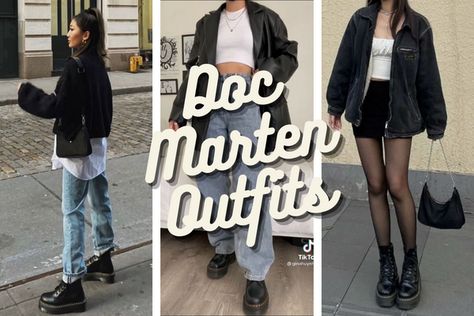 18 Doc Martens Outfits For Women To Rock The Boots - What Dress Code? Skirt With Doc Martens Outfit, Dc Martens Outfit Winter, Winter Outfits Doc Martens, Doc Martens Winter Outfit, Dresses With Doc Martens Outfits, Mock Neck Dress Outfit, Dr Martens Outfit Winter, Dress With Doc Martens, Dc Martens Outfit