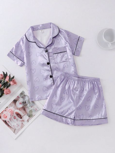 Roxo Fofo Collar Manga Curta  Coração Conjuntos de shorts Embellished Não elástico Purple Pjs, Cute Pijamas, Tv Clothes, Purple Pajamas, Purple Cute, Girls Pjs, Satin Pj Set, Cute Pjs, Cute Pajama Sets