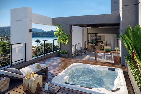 Rooftop Rooftop Terrace Jacuzzi, Apartment Rooftop Design, Rooftop Apartment Design, Rooftop Terrace Modern, Garden Terrace Ideas, Rooftop Jacuzzi, Rooftop Studio, Rooftop Penthouse, Apartment Rooftop