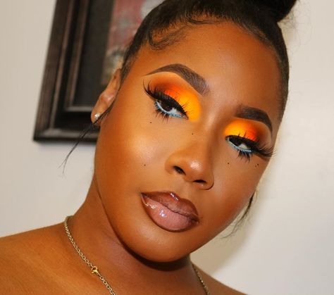 Yellow And Orange Makeup Looks Black Women, Orange Makeup Black Women, Orange Eyeshadow Looks Black Women, Eyeshadow Looks Orange, Orange Makeup Looks Black Women, Eye Makeup Yellow, Bday Makeup, Orange Eyeshadow Looks, Competition Makeup