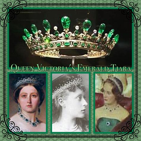 1st May and today's tiara is Queen Victoria's Emerald tiara which was designed for her by Prince Albert. The beautiful piece has only been photographed or painted a handful of times. Today it belongs to the Duke of Fife, and was last worn by his mother at the State Opening of Parliament in the early 1960s. Prince Phillip's grandmother, Princess Victoria of Hesse was also photographed wearing it. It has some beautiful accompanying jewels. Queen Victoria Emerald Tiara, Victoria Of Hesse, Emerald Tiara, Royal Family Jewels, British Crown Jewels, Queen Victoria Prince Albert, Royal Crown Jewels, Queens Jewels, Tiaras Jewellery