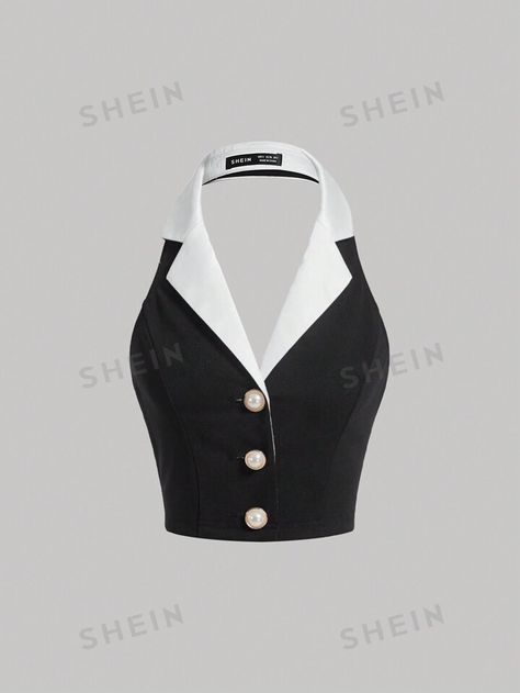 SHEIN MOD Contrast Collar Button Front Halter Top | SHEIN USA Cute Dress Outfits, Womens Halter Tops, Shein Outfits, Fashion Suits For Men, Women Tank Tops, Contrast Collar, Shein Tops, Tank Top Cami, Fashion Online Shop