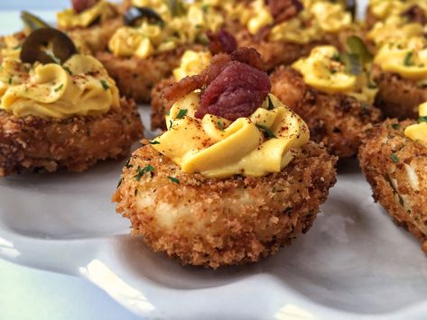 DEEP FRIED DEVILED EGGS Deep Fried Deviled Eggs, Deep Fried Egg, Jalapeno Deviled Eggs, Fried Deviled Eggs, Devilled Eggs Recipe Best, Herb Roasted Turkey, Best Thanksgiving Side Dishes, Thanksgiving Food Sides, Best Deviled Eggs