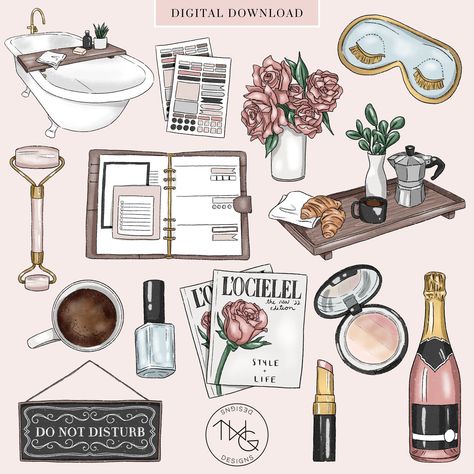 Feminine Fashion Illustrated Clipart Digital Bathtub Flowers, Self Care Clipart, Relaxing Self Care, Polish Flowers, Shaved Hairstyles, Media Branding, Bed Tray, Stickers Kawaii, Feminine Fashion