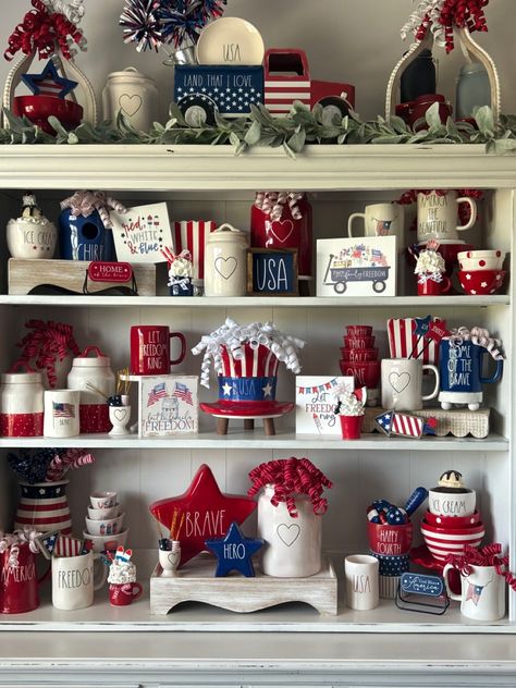 Farmhouse 4th Of July Decor, Farmhouse 4th Of July, Vintage Booth Display, Vintage Booth, 4th July Crafts, Buffet Decor, Hutch Decor, Rae Dunn Collection, July Ideas