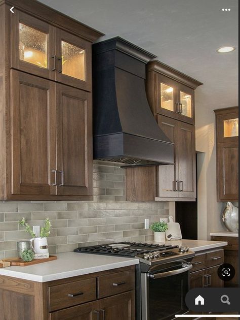 Darker Wood Cabinets Kitchen, Light Kitchen Cabinets With Dark Floors, Wood Cabinets With Black Appliances, Dark Wooden Cabinets Kitchen, Dark Wood Cabinets Kitchen, Medium Brown Kitchen Cabinets, Alder Wood Kitchen Cabinets, Kitchen With Dark Cabinets, White Cabinets White Countertops