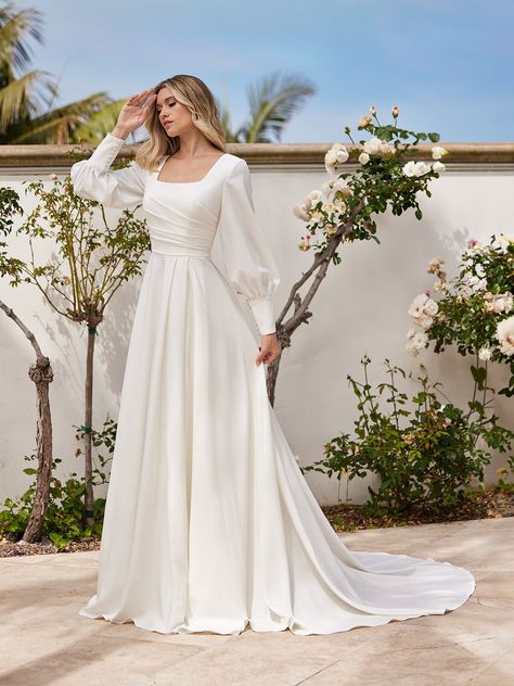 Square Neckline Wedding Dress With Sleeves, Wedding Dresses With Square Neckline, Modest Bride Dress, Greek Style Wedding Dress, Modest Long Sleeve Wedding Dresses, Conservative Wedding Dress, Square Neckline Wedding Dress, Modest Wedding Dresses Lds, Wedding Dresses Xl