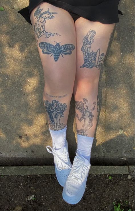 Grunge Leg Tattoos Women, Leg Tattoos Grunge, Thigh Tattoos Aesthetic Grunge, Thigh Tatoos Woman, Angel Tattoo Leg, Alt Leg Tattoos, Tattoos Plus Size Women, Plus Size Leg Tattoo, Leg Tattoos Patchwork