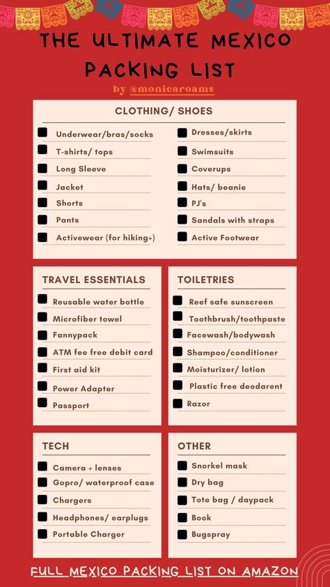 printable packing list for everything you will need to bring to Mexico Mexico Travel Essentials, 10 Days In Mexico Packing, 2 Weeks In Mexico Packing, Things To Bring To Mexico Packing Lists, One Week In Mexico Packing, What To Pack Mexico City, Mexico Packing List, Carryon Bag, Travel Packing Checklist