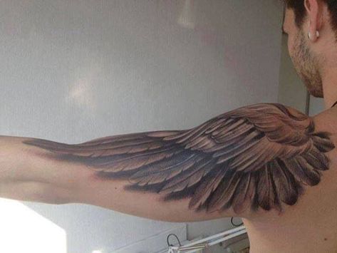 Wing tattoo on shoulder Wing Tattoo On Shoulder, Wing Tattoo Arm, Angel Wing Tattoo, Alas Tattoo, Wing Tattoo Men, Wing Tattoo Designs, Feather Tattoo Design, Angel Wings Tattoo, Wing Tattoo