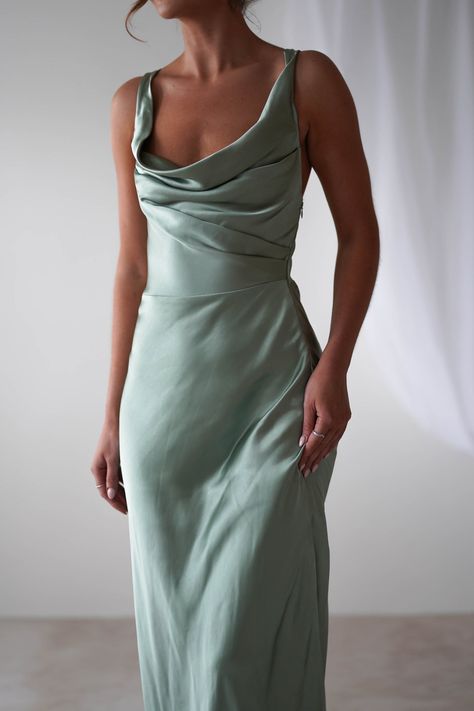 Misha Soft Satin Maxi Dress | Sage Green Elegant Wedding Guest Dress Summer, Maxi Dress Graduation, Satin Gown Bridesmaid, Prom Dress Sage Green, Sage Green Satin Bridesmaid Dresses, Guest Dresses For Wedding, Wedding Guest Dress Spring, Formal Satin Dress, Bridesmaid Dress Satin