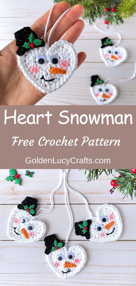 Crocheted heart-shaped snowman Christmas ornaments. Kindness Crochet, Crocheted Snowman, Crochet Christmas Ornaments Free Pattern, Crochet Appliqué, Crochet Christmas Ornaments Free, Crochet Ornament Patterns, Crochet Appliques, Christmas Crochet Patterns Free, Crochet Snowflake Pattern