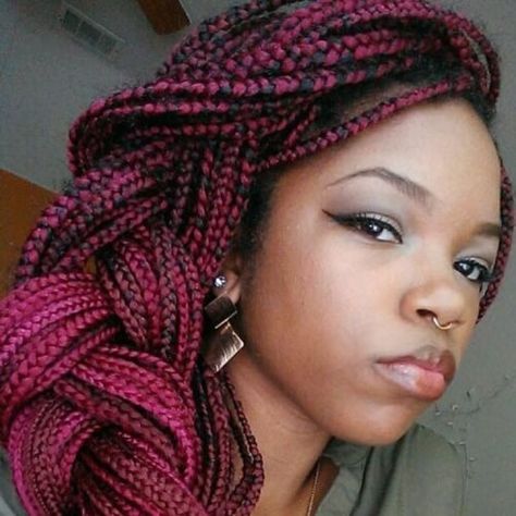 Magenta Hair Color on Dark Skin Magenta Hair Colors, Burgundy Box Braids, Box Braids Updo, Red Box Braids, Magenta Hair, Poetic Justice Braids, Jumbo Box Braids, Long Box Braids, Box Braids Hairstyles For Black Women