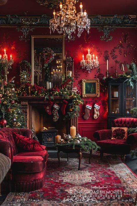 Maximalist Christmas Aesthetic, Maximalist Holiday Decor, Christmas Victorian House, Dark Victorian Christmas, Dark Red Living Room, Balcony Decor Diy, Christmas Maximalist, Whimsigoth Christmas, Gothic Christmas Aesthetic