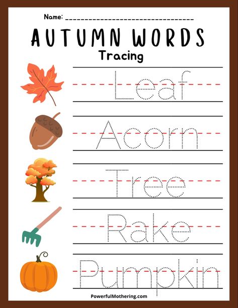 Fall Writing Activities Preschool, Tracing Words, Fall Writing Activities, Writing Center Preschool, Tracing Letters Preschool, Writing Activities For Preschoolers, Fall Activities For Kids, Thanksgiving Activities Preschool, Fall Writing