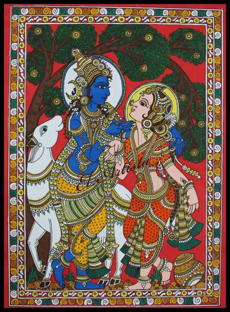 Kalamkari Krishna Painting, Madhubani Painting Krishna Radha, Radha Krishna Kalamkari Painting, Madhubani Ramayana, Krishna Inspiration, Raas Leela, Blouse Painting, Kalamkari Art, Worli Painting